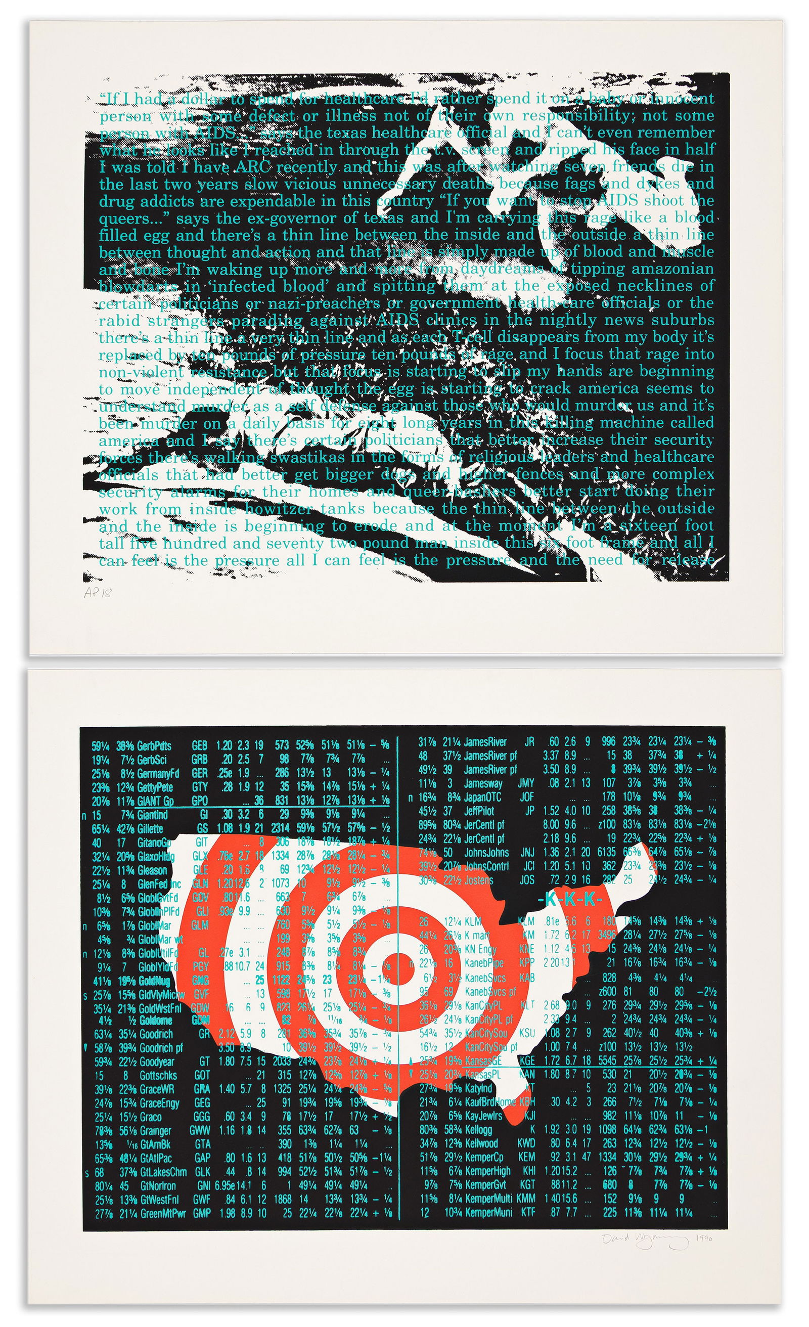David Wojnarowicz Untitled for ACT UP, two color screenprints. 1990.: David Wojnarowicz1954-1992Untitled for ACT UP. 1990.Color screenprint diptych on two sheets of cream wove paperArtist's proof, aside from the edition of 100. One signed and dated in pencil, lower righ