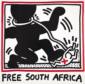 Keith Haring Free South Africa, signed and inscribed offset lithograph poster. 1985.