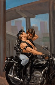 Deni Ponty Two men on a motorcycle, Acrylic on canvas. 1998.