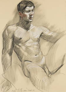 Mark Beard Double-sided Drawing: Seated Male Nudes, charcoal and crayon. 2009.: Mark Beard1956-Untitled (Seated Male Nudes). 2009.Charcoal and contè crayon on tan Rives BFK (double-sided)Signed and dated in charcoal, recto and verso. Inscribed "Andrew you are a Hero Thanks M