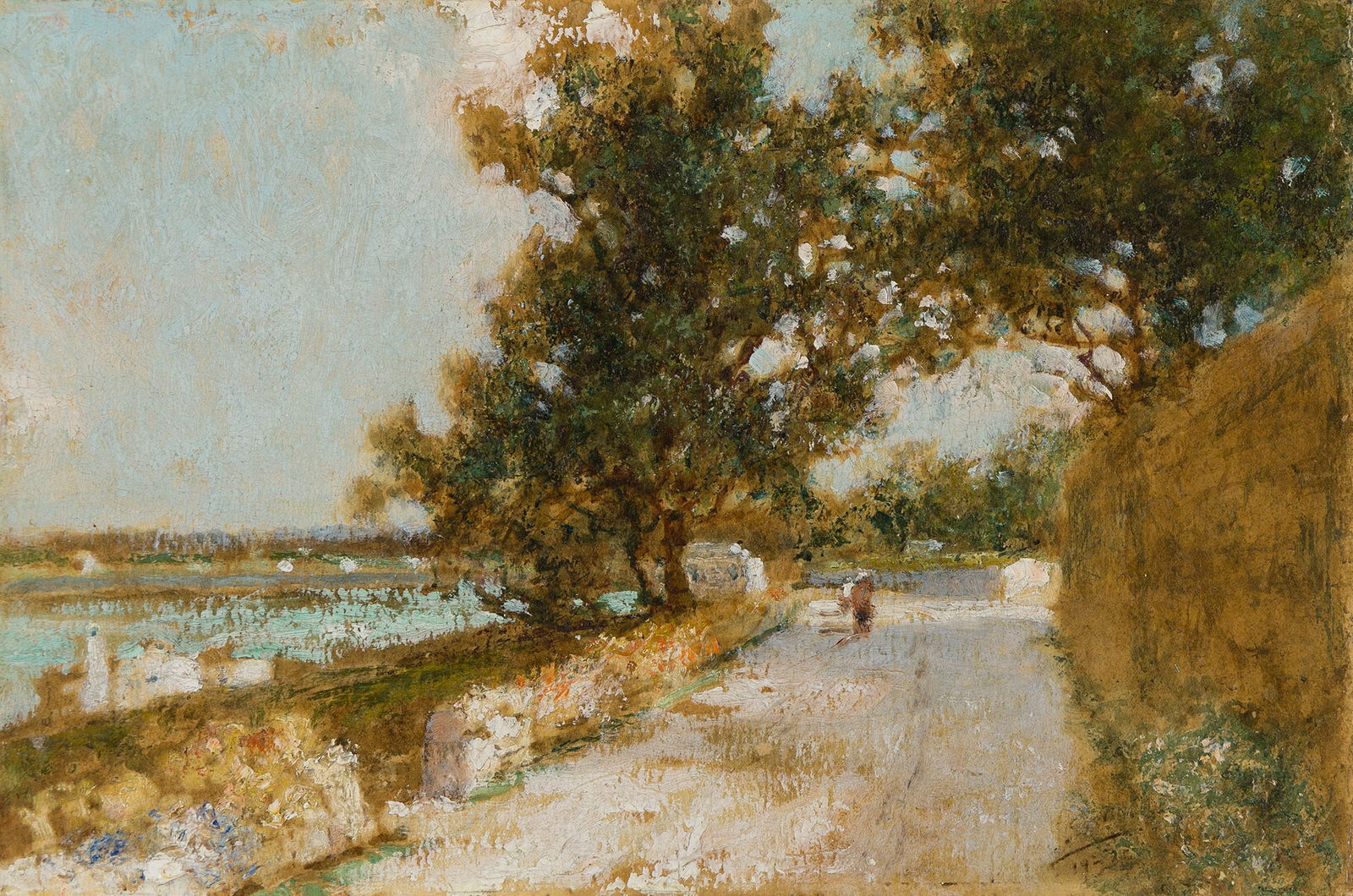 Prosper Louis Senat, Near the Paget Ferry, Bermuda.. (1852-1925): Prosper Louis Senat (1852-1925) Near the Paget Ferry, Bermuda. Oil on board. Signed and dated indistinctly, lower right. Signed, titled, and inscribed with the original buyer's name in ink, verso. 10