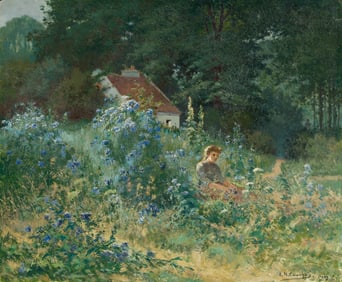Eugène Henri Cauchois, Jeune fille assise dans un champs fleuri à Osny sur Oise..