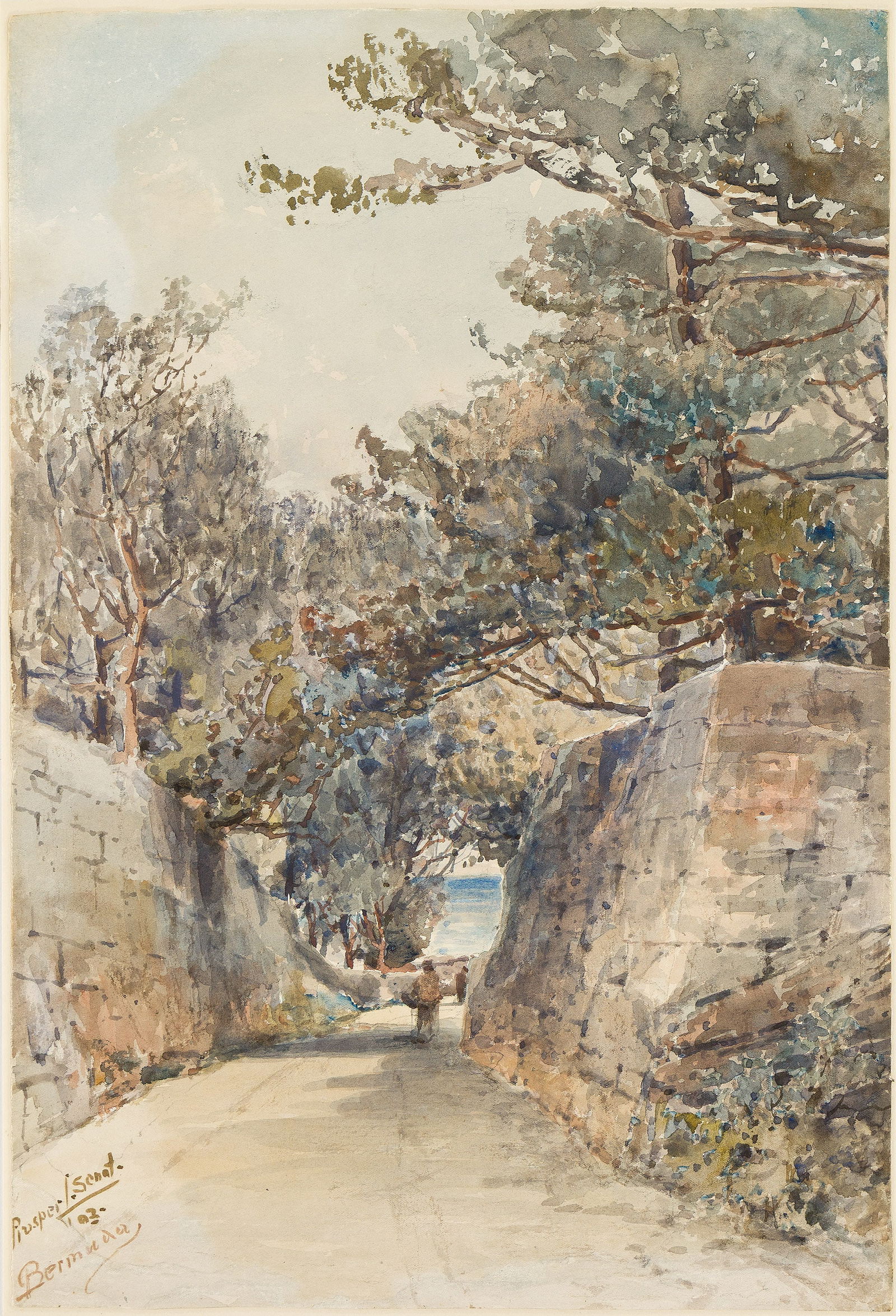 Prosper Louis Senat, Two watercolors of Bermuda.. (1852-1925): Prosper Louis Senat (1852-1925) Two watercolors of Bermuda. i) Seaside Road, Bermuda. Watercolor on cream wove paper, 1893. Signed, dated and inscribed "Bermuda" in ink, lower left. 19¼ x 13 in.