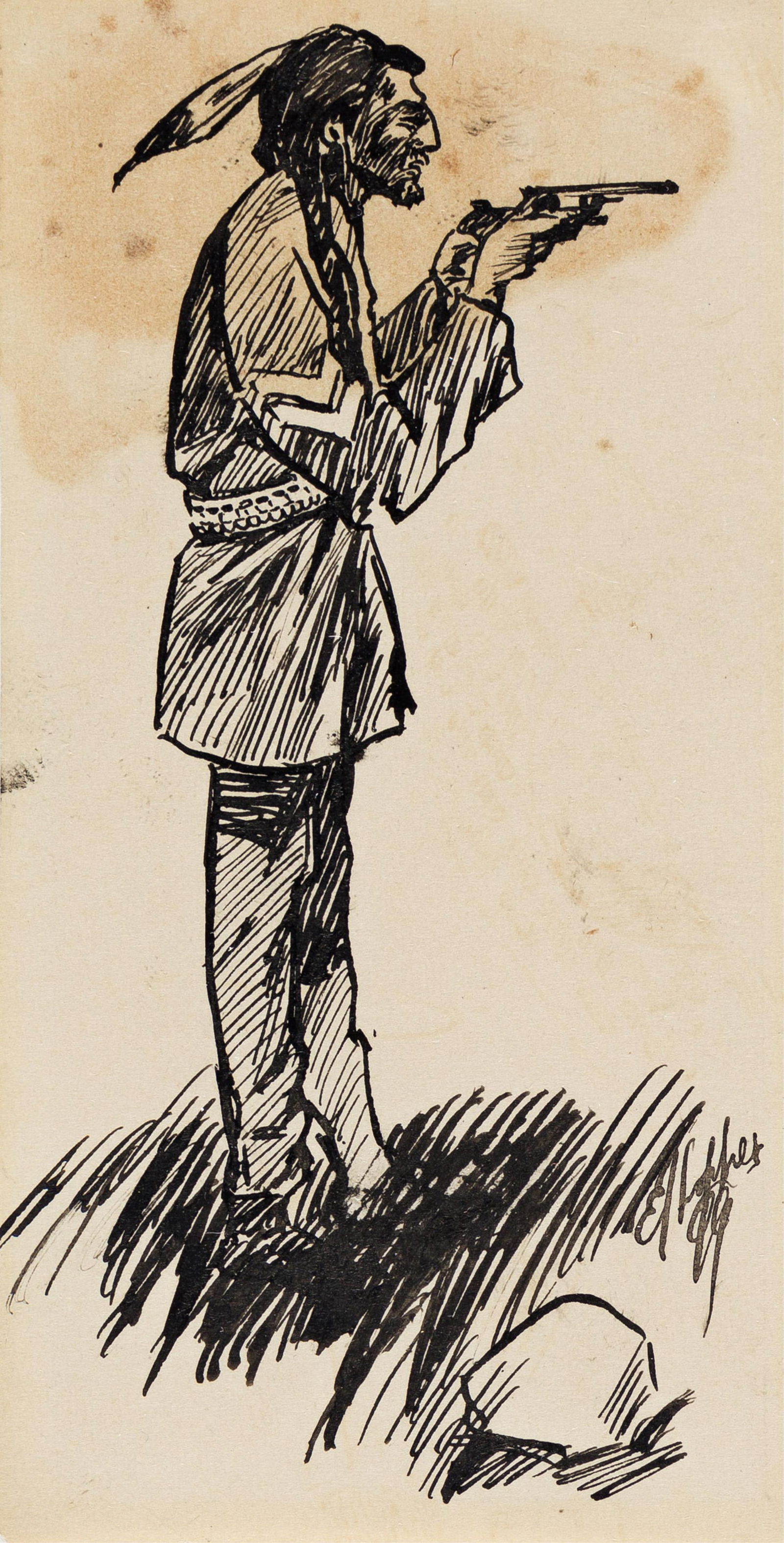 Edward Hopper, A Native American in Cavalry Uniform with a Pistol.. (1882-1967): Edward Hopper (1882-1967) A Native American in Cavalry Uniform with a Pistol. Pen and ink on wove paper, 1899. Signed and dated lower right. 4 1/2 x 2 5/8 in. (11.4 x 6.7 cm.) Frame: 13 x 10 in. (33 x