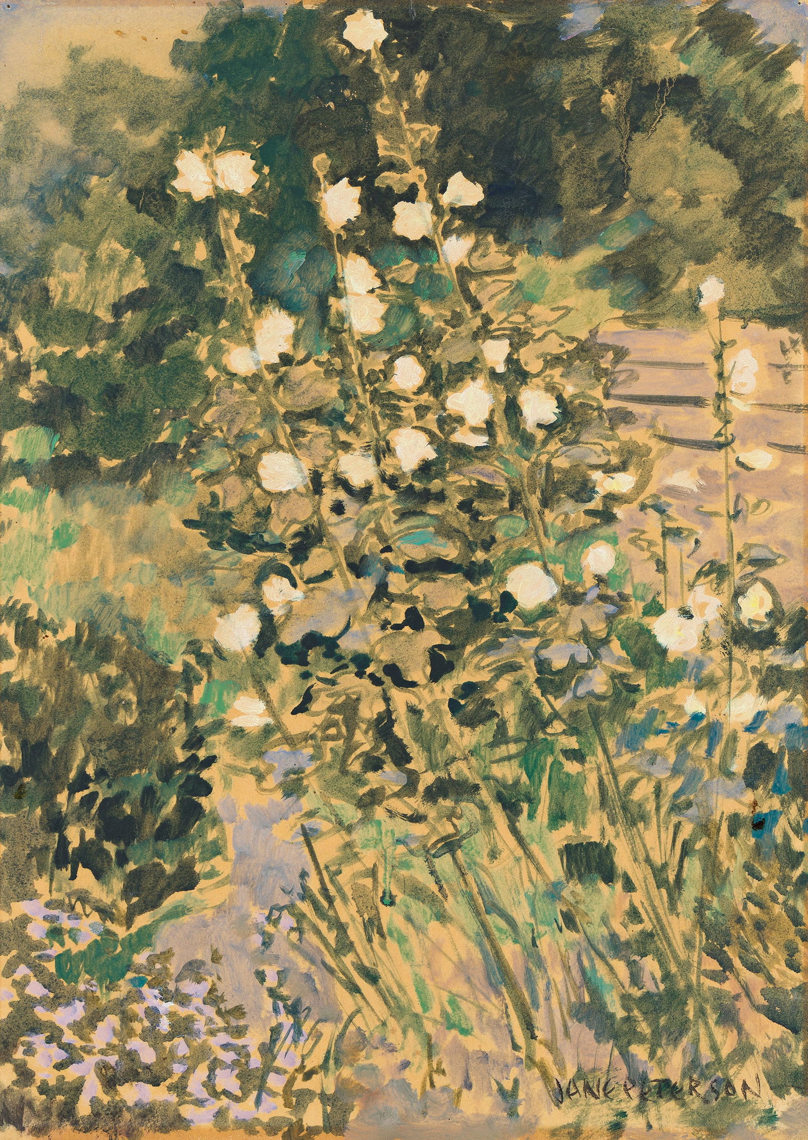Jane Peterson, Hollyhocks in a Garden.. (1876-1965): Jane Peterson (1876-1965) Hollyhocks in a Garden. Gouache on tan wove paper. Signed lower right. 17 1/8 x 12 3/8 in. (43.7 x 31.6 cm.) Frame: 25 x 19 7/8 in. (63.5 x 50.5 cm.) Provenance: Private