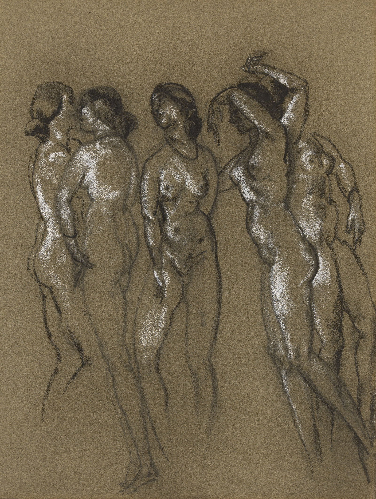 Arthur Bowen Davies, The Duncan Dancers.. (1862-1928): Arthur Bowen Davies (1862-1928) The Duncan Dancers. Pastel and watercolor on green laid paper, circa 1915. 25 x 18 3/4 in. (63.5 x 47.6 cm.) Frame: 28 x 22 in. (71.1 x 55.9 cm.) Provenance: Estate of