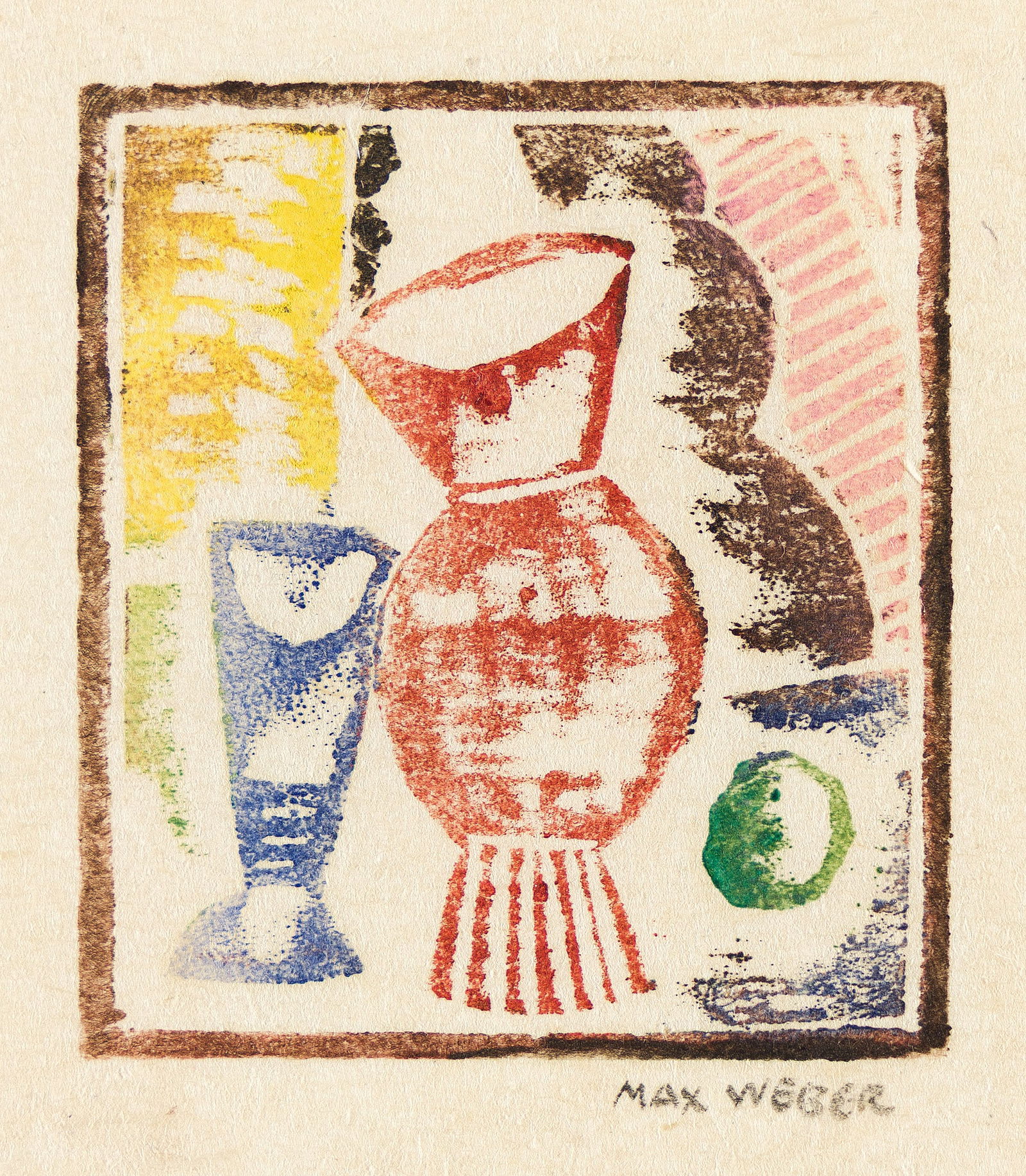Max Weber, Still Life, Two Vases.. (1881-1961): Max Weber (1881-1961) Still Life, Two Vases. Color woodcut on thin Japan paper, 1919-20. Signed in pencil, lower right. Published by The Spiral Press, New York. Rubenstein 26. Image: 1 3/4 x 1 1/2 in.