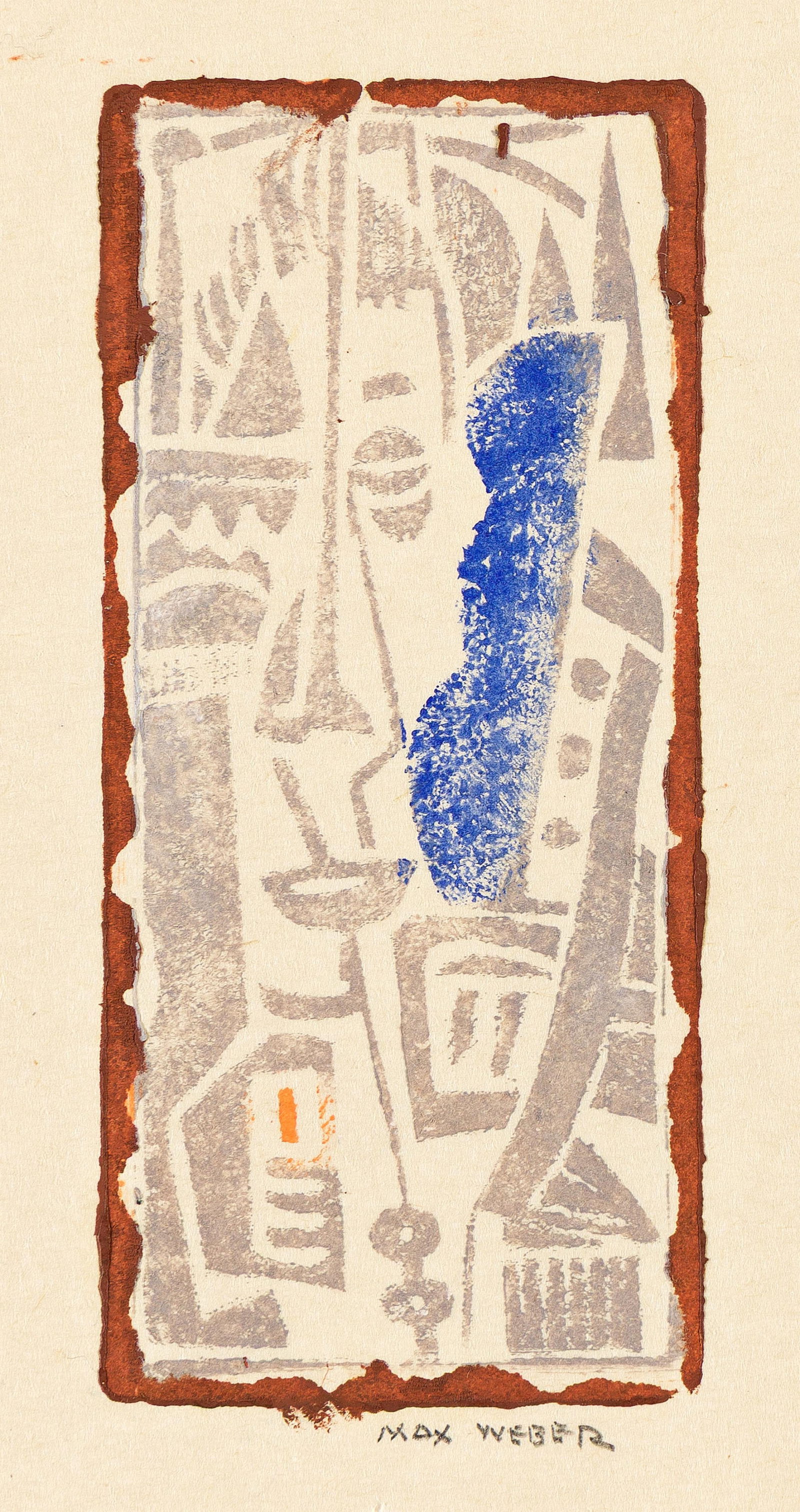 Max Weber, Cubist Head.. (1881-1961): Max Weber (1881-1961) Cubist Head. Color woodcut on tissue-thin Japan, 1919-20. Signed in pencil, lower right. Rubenstein 12. Image: 4 1/4 x 1 7/8 in. (10.8 x 4.8 cm.), wide margins. Condition: Pleas
