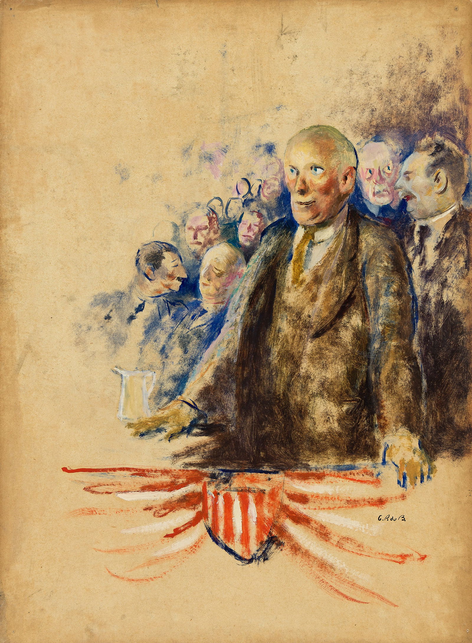 Guy Pène Du Bois, Politician.. (1884-1958): Guy Pène Du Bois (1884-1958) Politician. Oil on board. Signed "G.P. du B." in ink, lower right. 20 x 14 3/4 in. (50.8 x 37.4 cm.) Provenance: The artist. By descent to William Pène du Bo