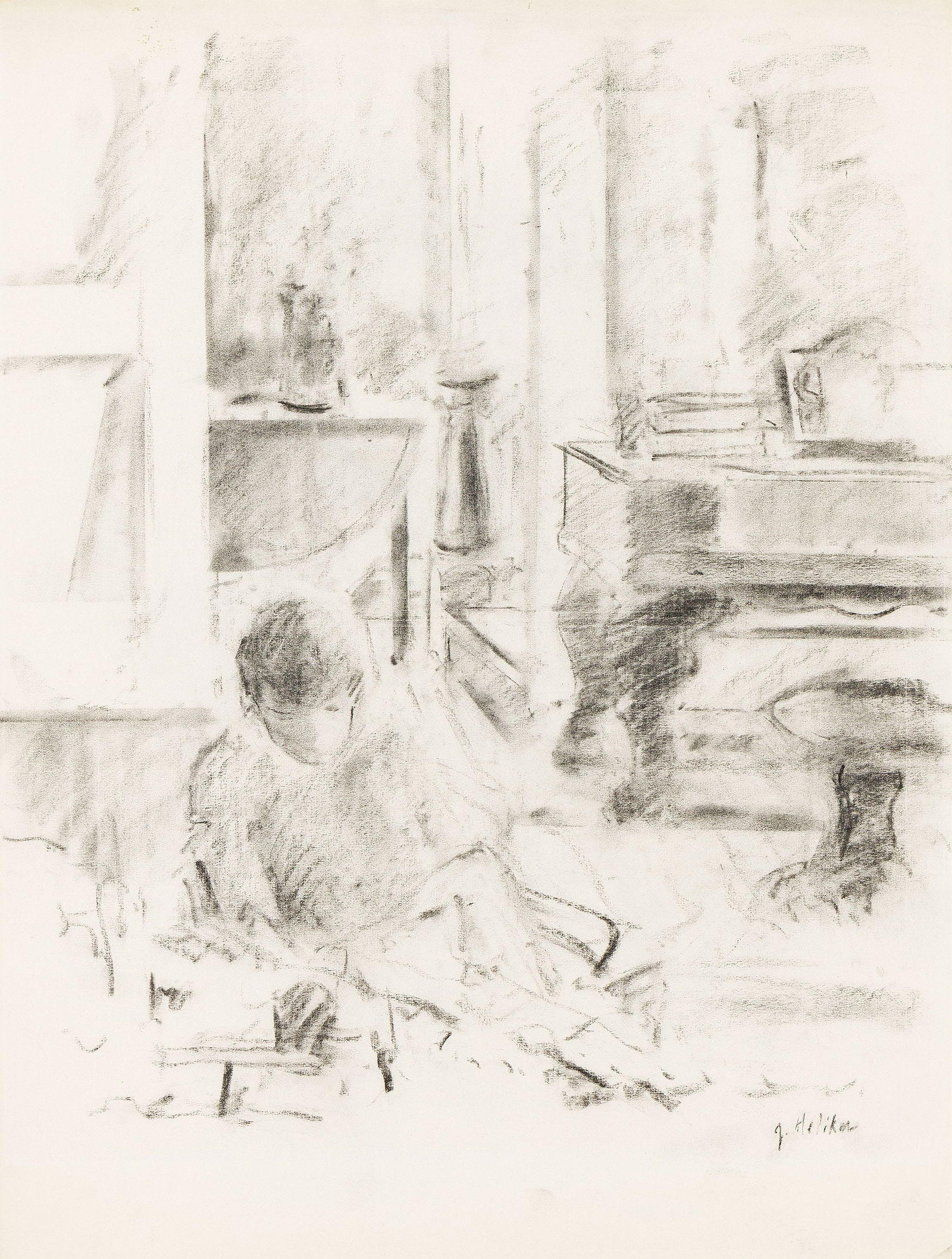 John Heliker, Interior with Piano.. (1909-2000): John Heliker (1909-2000) Interior with Piano. Charcoal on Strathmore paper. Signed lower right. Titled verso. 25 1/8 x 19 in. (63.8 x 48.3 cm.) Frame: 32 1/4 x 28 in. (81.9 x 71.1 cm.) Provenance: