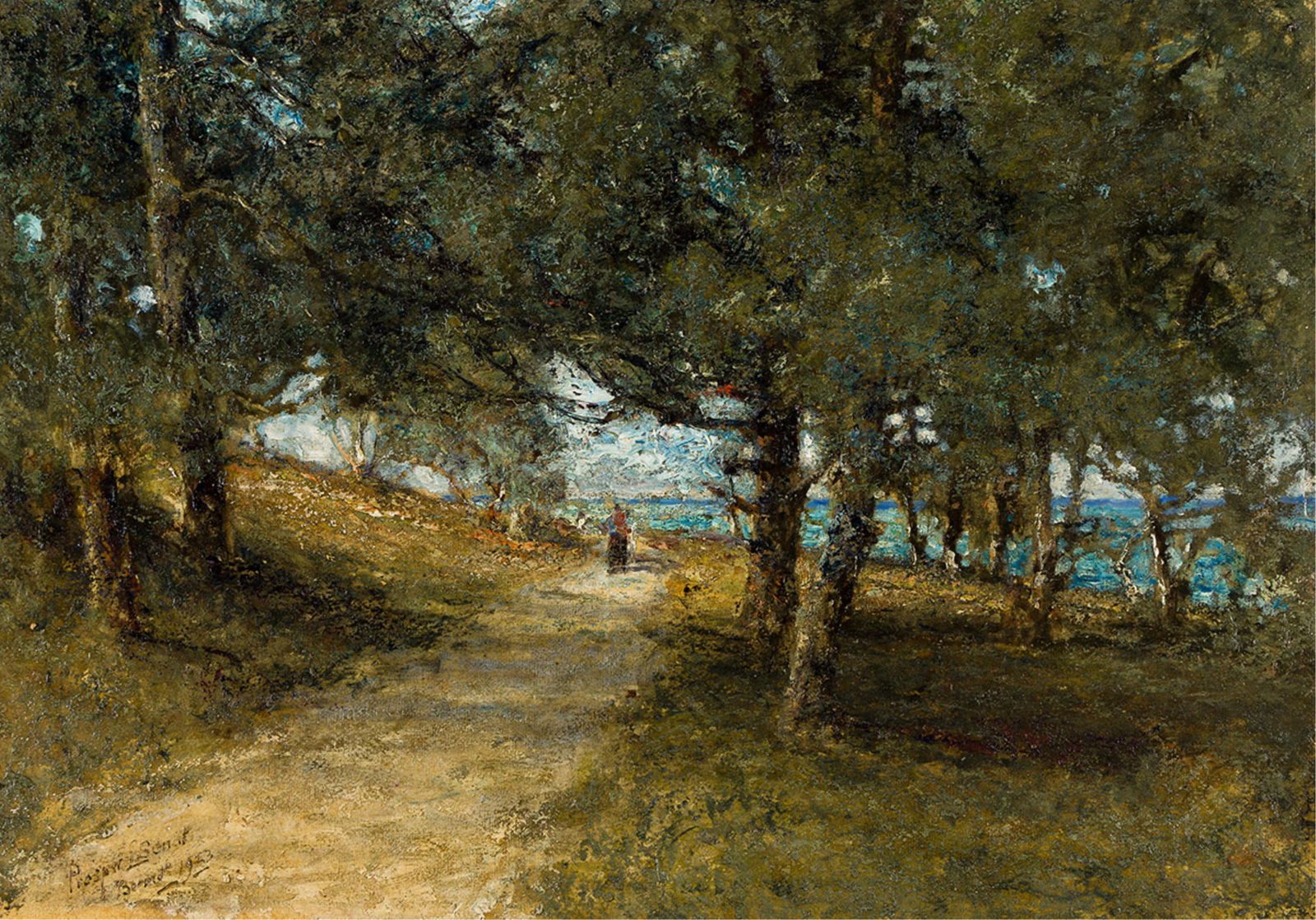 Prosper Louis Senat, Seaside Road.. (1852-1925): Prosper Louis Senat (1852-1925) Seaside Road. Oil on paper mounted on board, 1923. Signed, titled and dated lower left. 18 7/8 x 26 7/8 in. (48 x 68.4 cm.) Frame: 26 x 34 x 2 1/2 in. (66 x 86.4 x 6.4