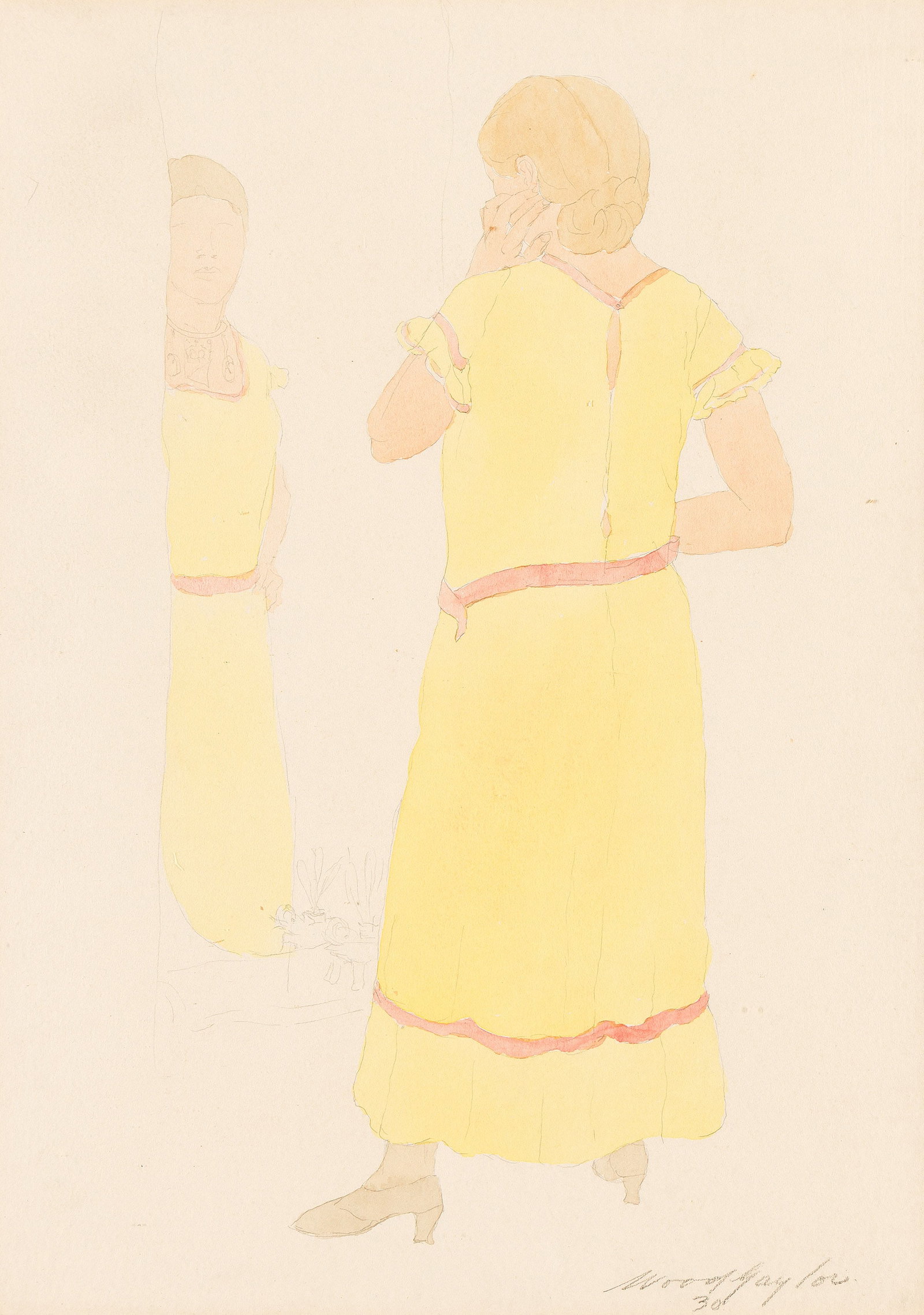 Wood Gaylor, Woman Before a Mirror.. (1883-1957): Wood Gaylor (1883-1957) Woman Before a Mirror. Watercolor and pencil on cream wove paper, 1930. Signed and dated in pencil, lower right. 18 1/2 x 13 3/4 in. (47 x 35 cm.) Frame: 20 5/8 x 16 1/8 in. (5