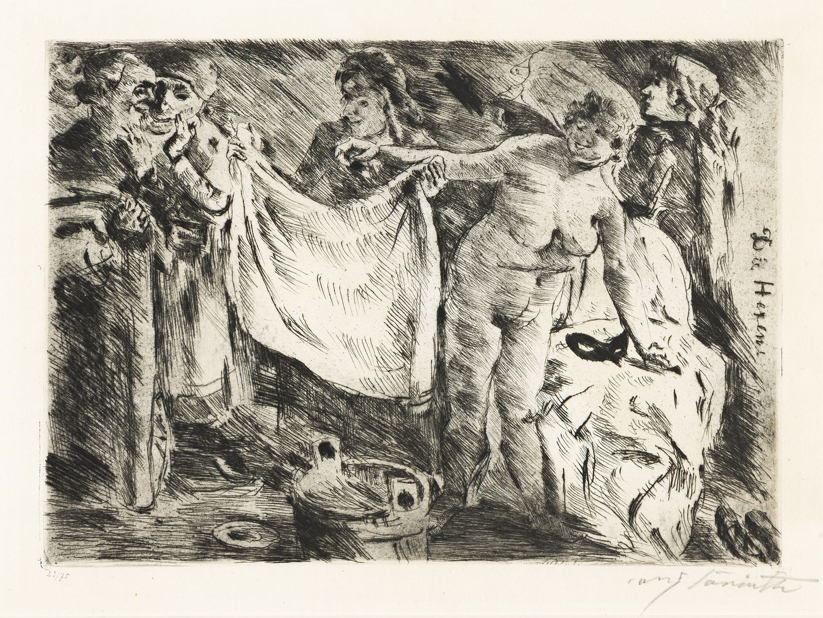 Lovis Corinth, Die Hexen.. (1858-1925): Lovis Corinth (1858-1925) Die Hexen. Drypoint, 1920. Signed and numbered 23/75 in pencil, lower margin. Schwarz 392. Plate: 9 3/4 x 13 3/4 in. (24.8 x 34.9 cm.), wide margins. Frame: 16 1/2 x 20 1/2 i