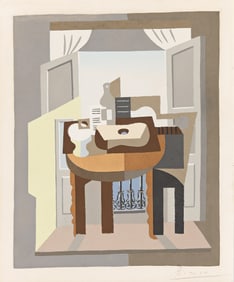 Pablo Picasso (After), Compotier, Partition, Bouteille et Guitare devant une Fenêtre..