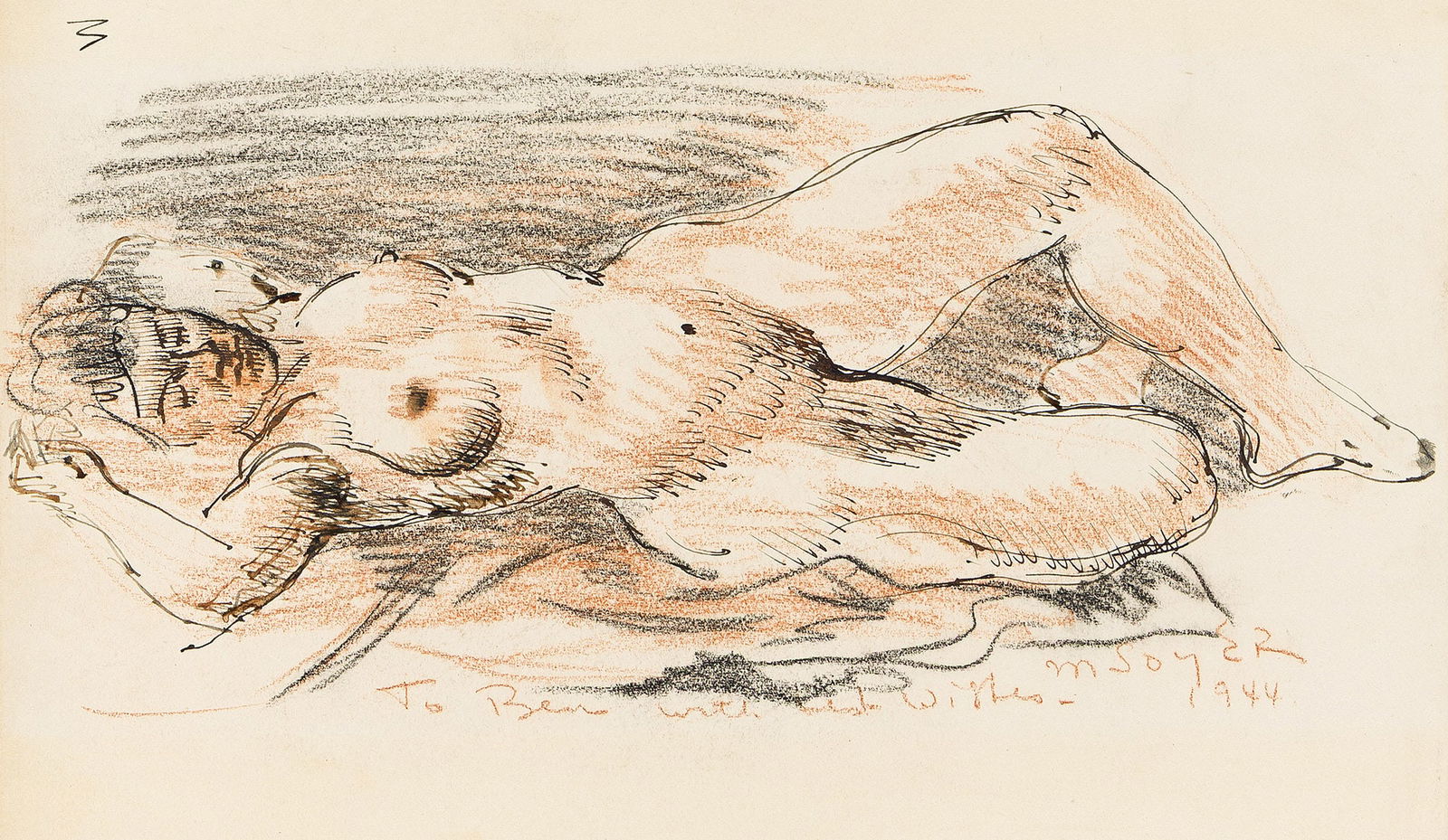Moses Soyer, Reclining Nude.. (1899-1974): Moses Soyer (1899-1974) Reclining Nude. Ink and crayon on thick wove paper, 1944. Dedicated, dated and signed in crayon, lower right. 10 1/2 x 14 1/4 in. (26.7 x 36.2 cm.) Frame: 14 x 21 1/2 in. (35.6