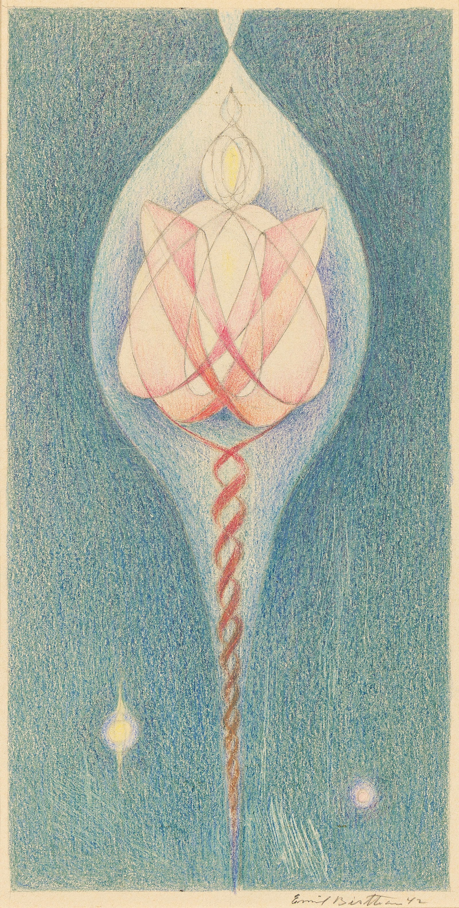 Emil James Bisttram, Untitled.. (1895-1976): Emil James Bisttram (1895-1976) Untitled. Colored pencils on cream wove paper, 1942. Signed and dated in pencil, lower right. 12 1/2 x 6 1/2 in. (31.7 x 16.4 cm.) Frame: 18 1/2 x 11 1/2 in. (47 x 29.2