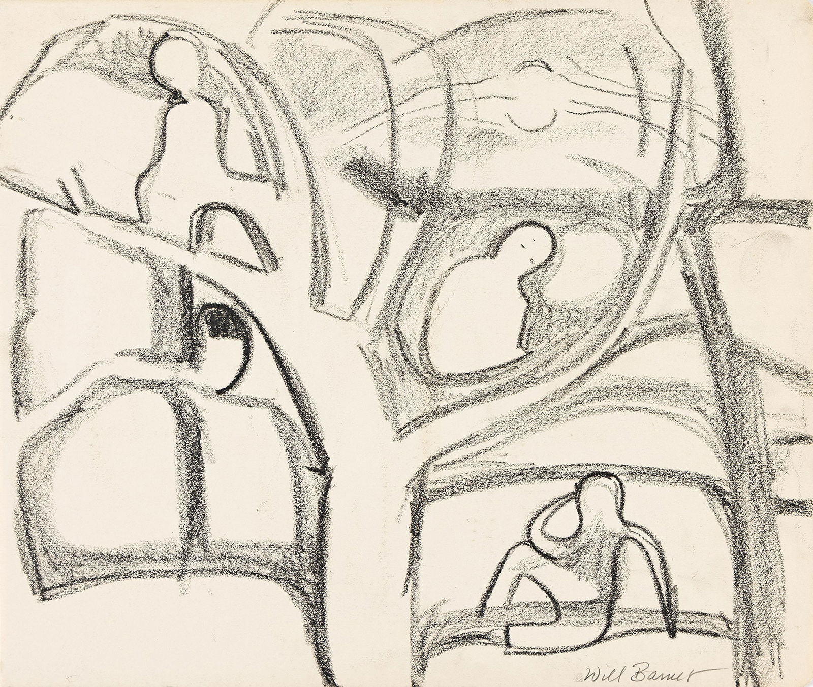 Will Barnet, Figures in a Tree.. (1911-2012): Will Barnet (1911-2012) Figures in a Tree. Charcoal on cream wove paper, circa 1940. Signed in pencil, lower right. 13 7/8 x 16 3/8 in. (35.2 x 41.6 cm.) Provenance: Collection of the artist, New Yor
