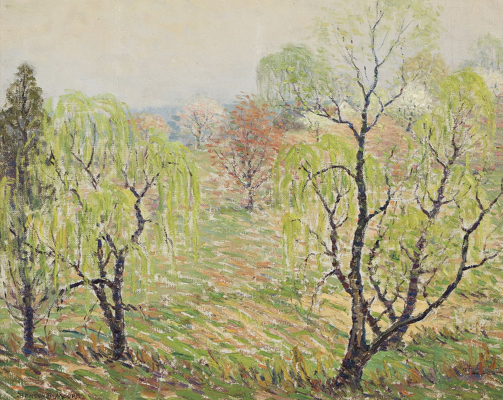 Benson Bond Moore, Spring Meadow with Willows.. (1882-1974): Benson Bond Moore (1882-1974) Spring Meadow with Willows. Oil canvas. Signed lower left. 16 x 20 in. (40.5 x 50.5 cm.) Frame: 23 x 27 in. (58.4 x 68.6 cm.) Provenance: Estate of the artist. The