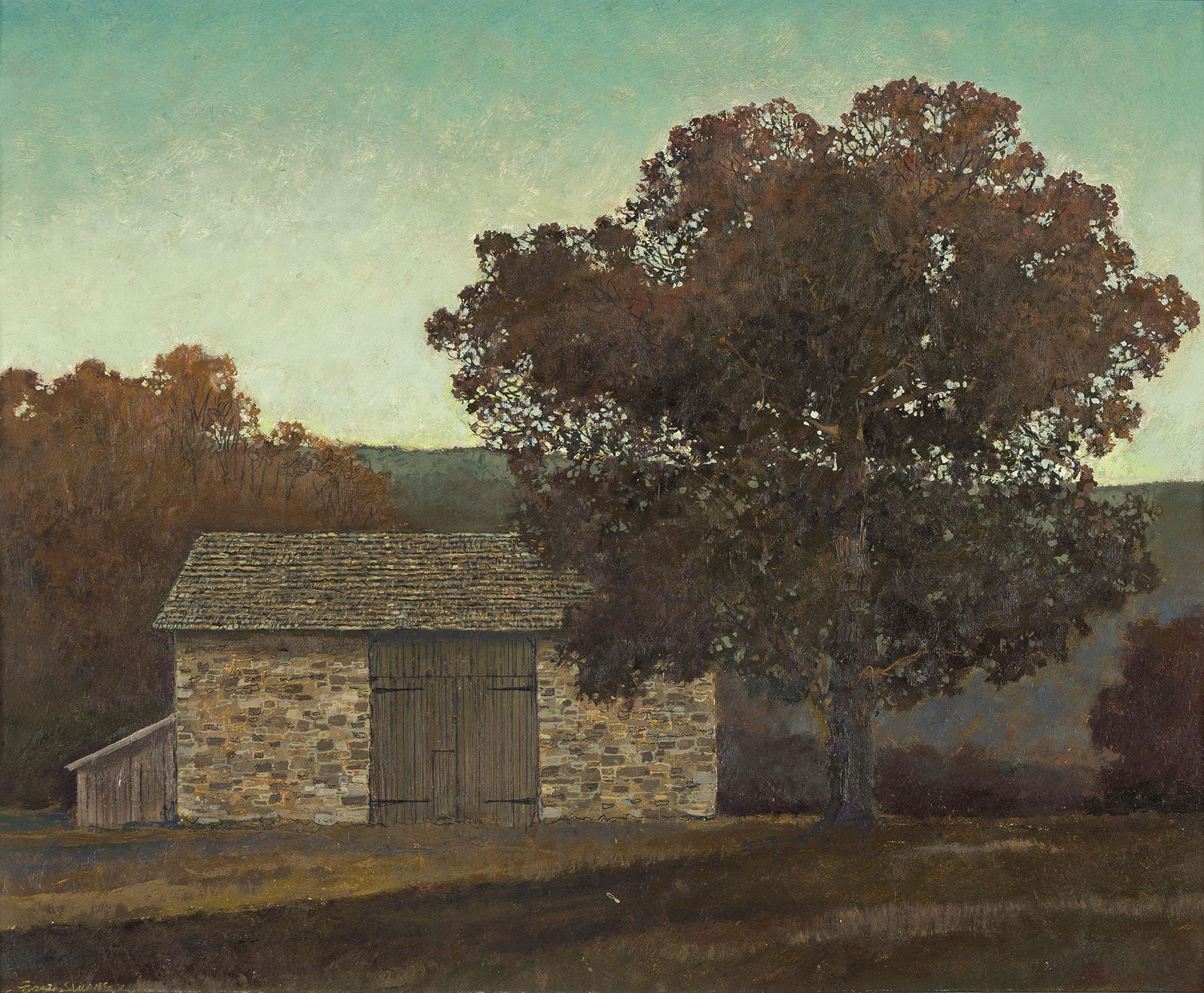 Eric Sloane, Dusk, Warren, Connecticut.. (1905-1985): Eric Sloane (1905-1985) Dusk, Warren, Connecticut. Oil on masonite. Signed lower left. Signed and titled in ink, verso. 18 x 22 in. (45.5 x 56 cm.) Frame: 26 x 29 3/4 x 1 3/4 in. (66 x 75.6 x 4.4 cm.)