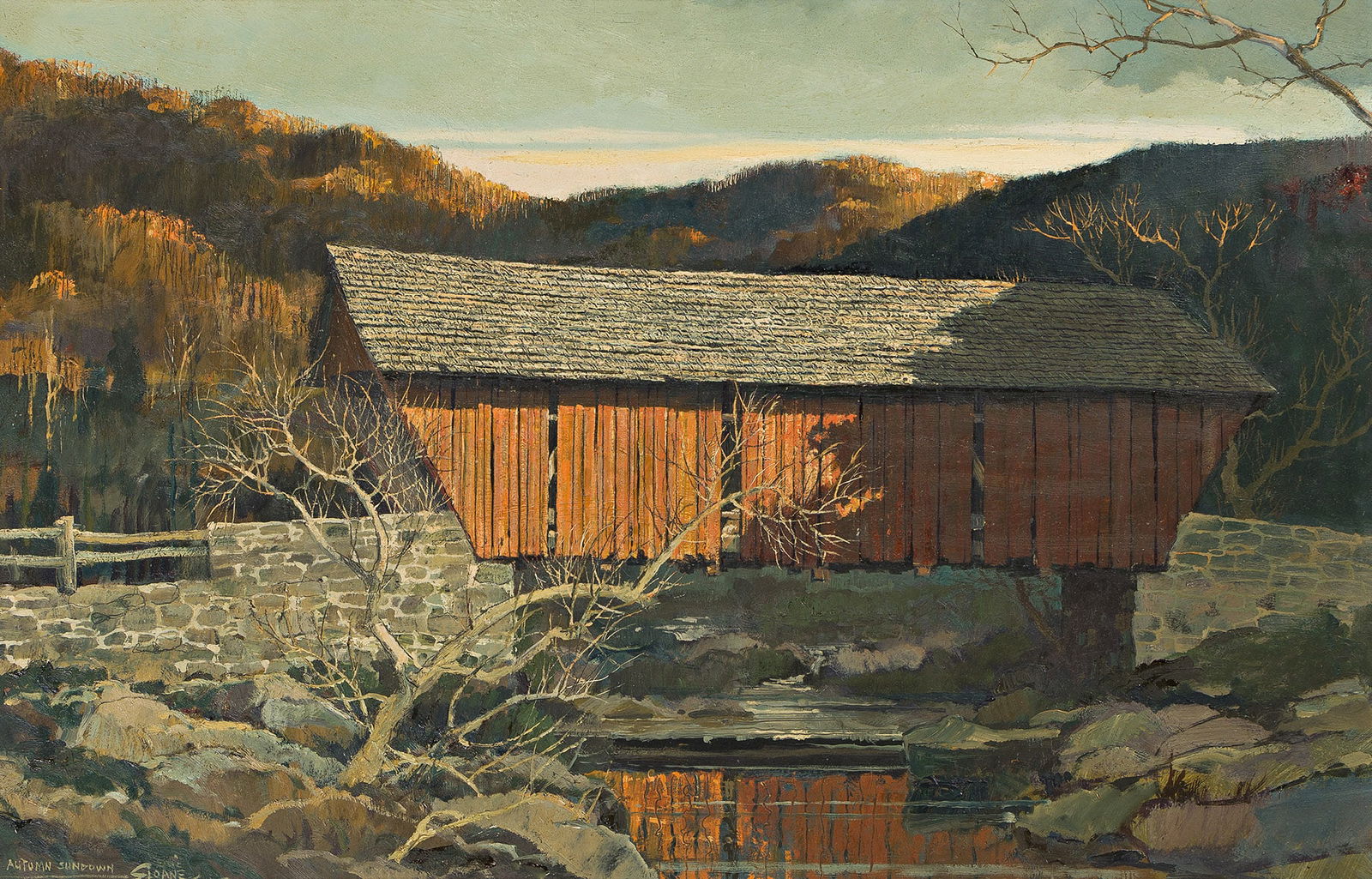Eric Sloane, Autumn Sundown.. (1905-1985): Eric Sloane (1905-1985) Autumn Sundown. Oil on masonite, circa 1960. Signed and titled lower left. 21 3/8 x 32 3/4 in. (54.3 x 83.2 cm.) Frame: 39 x 29 in. (99.1 x 73.7 cm.) Provenance: Grand Cent