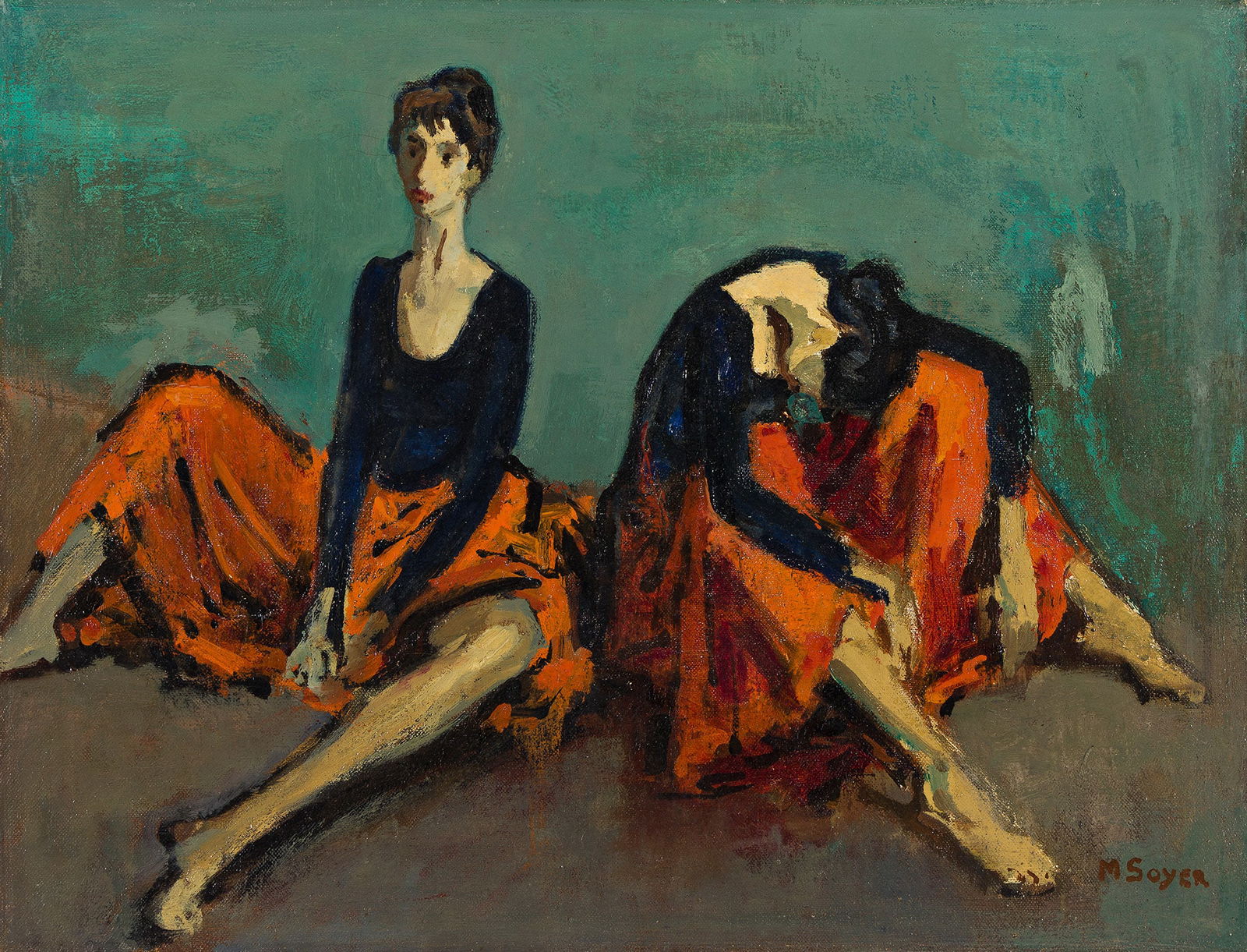 Moses Soyer, Dancers at Rest.. (1899-1974): Moses Soyer (1899-1974) Dancers at Rest. Oil on canvas, circa 1955. Signed lower right. 14 x 18 in. (36 x 46 cm.) Frame: 18 1/4 x 22 1/2 in. (46.4 x 57.2 cm.) Provenance: Private collection, New Y