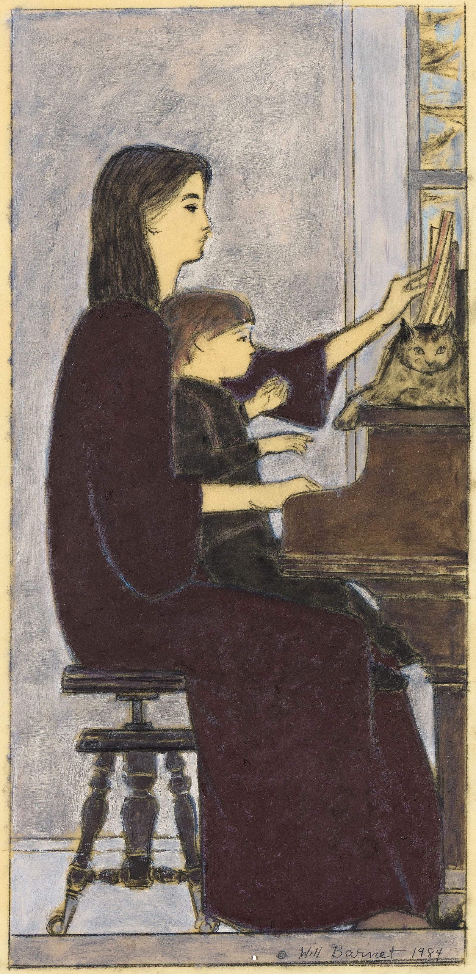 Will Barnet, Study for "The Lesson.". (1911-2012): Will Barnet (1911-2012) Study for "The Lesson." Acrylic, gouache and charcoal on vellum, 1984. Signed and dated in charcoal, lower right. 20 1/4 x 13 in. (51.4 x 33.2 cm.) Frame: 28 x 18 in. (71.1 x 4