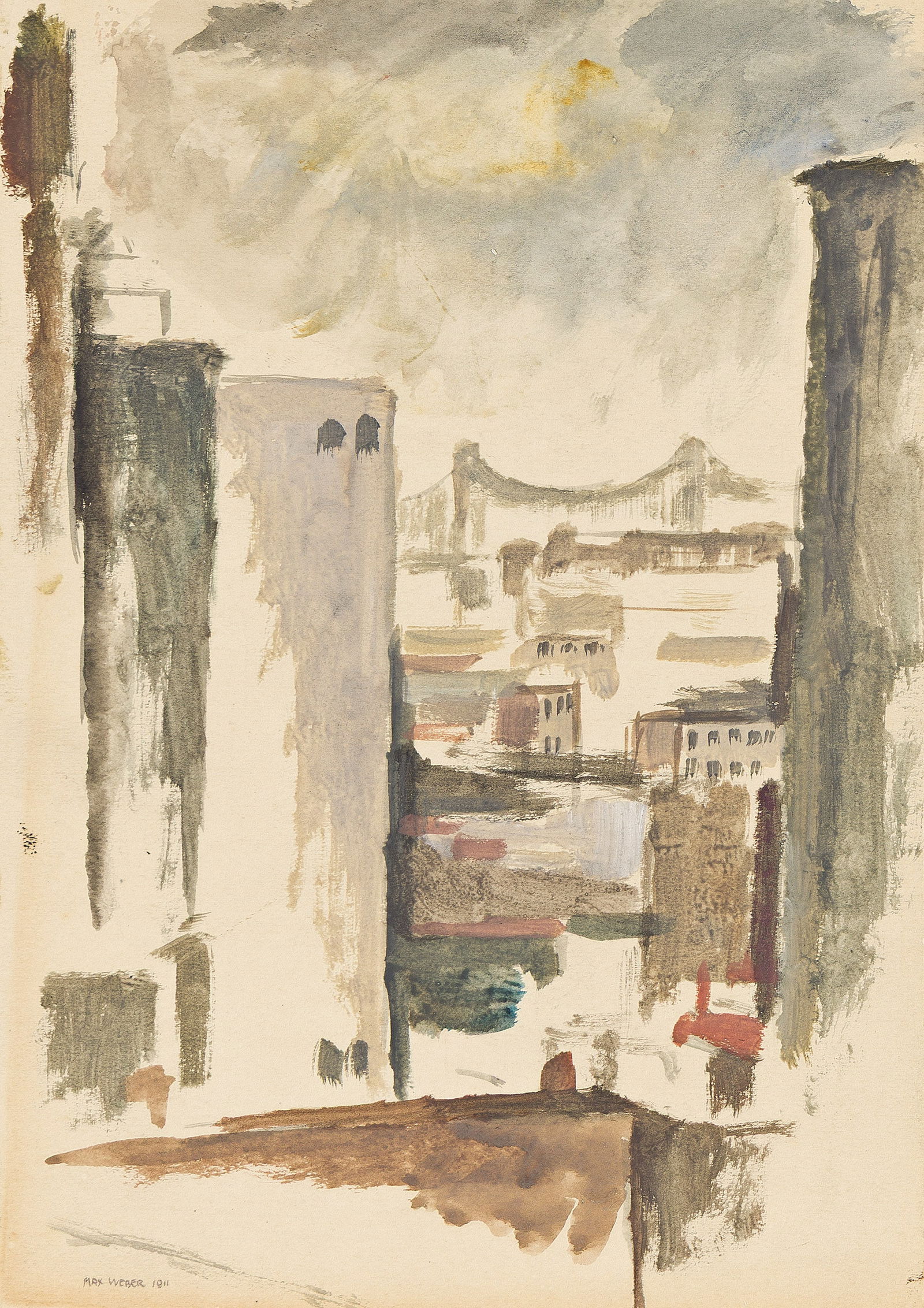 Max Weber, Brooklyn Bridge, gouache on paper, 1911.: Max Weber 1881-1961 Brooklyn Bridge. 1911. Gouache on wove paper on board Signed and dated in pencil, lower left. 9 7/8 x 6 7/8 in. (25.1 x 17.5 cm.) Provenance: Estate of the artist, with the estate