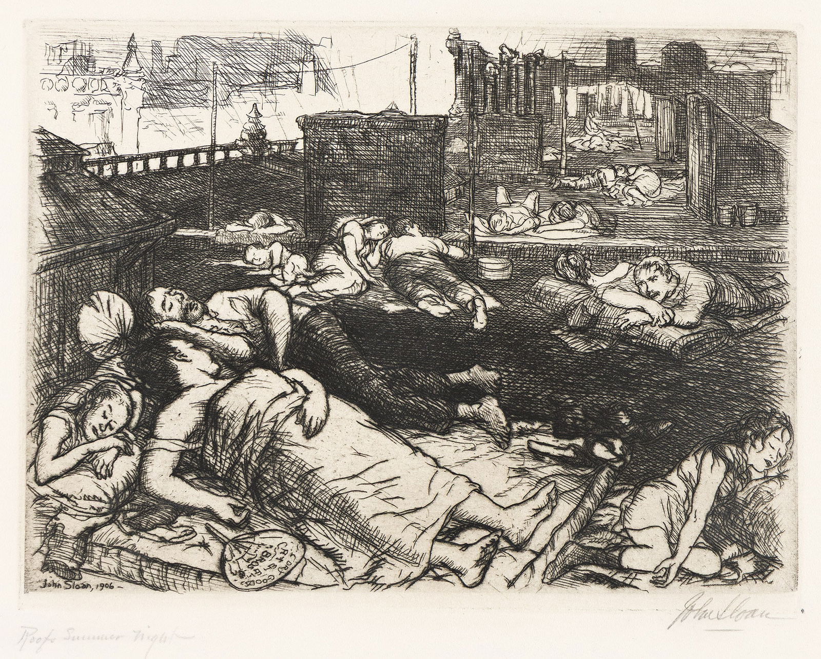 John Sloan, Roofs, Summer Night, etching, 1906.: John Sloan 1871-1951 Roofs, Summer Night. 1906. Etching Second state (of 2). Edition of 110 (from an intended edition of 100). Signed, titled and inscribed "100 proofs" in pencil, lower margin. 5 1/4