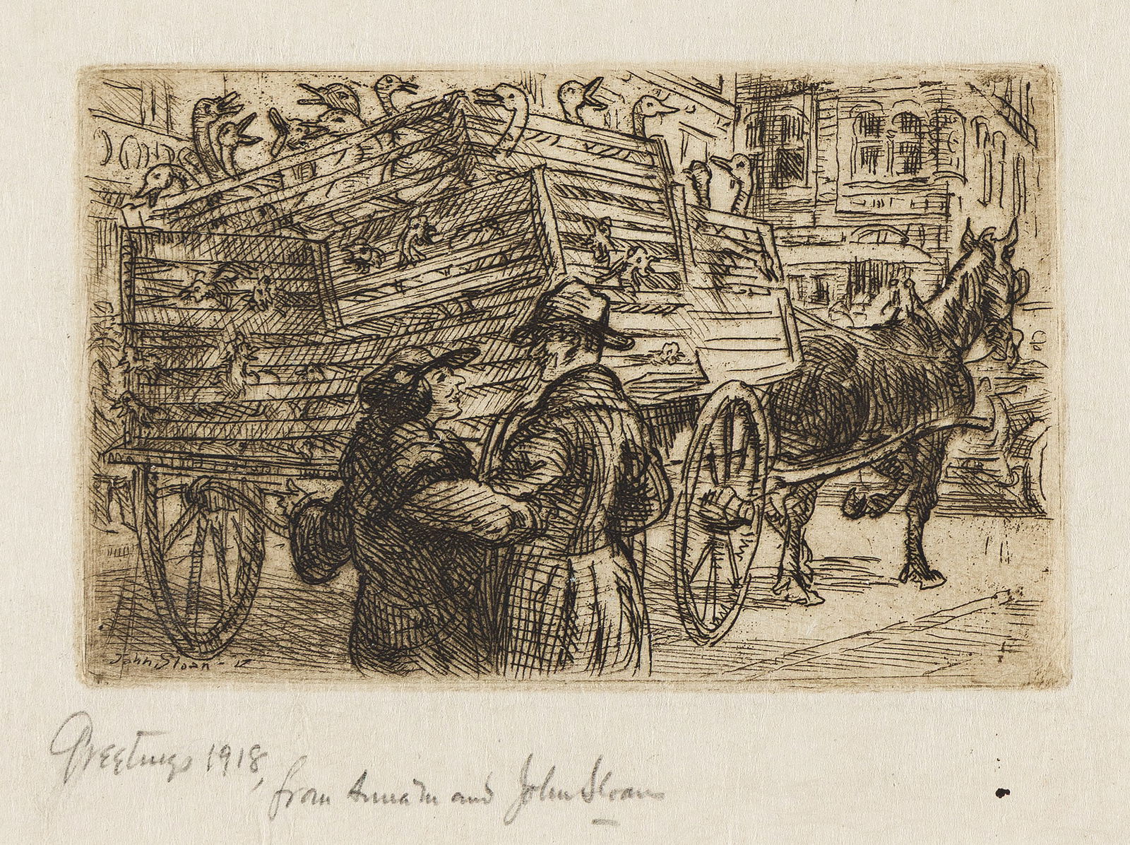 John Sloan, Seeing New York, etching, 1917.: John Sloan 1871-1951 Seeing New York. 1917. Etching printed in brownish black on Japan paper Edition of 100. Signed and inscribed "Greetings 1918, from Anna M and John Sloan" in pencil, lower left. 2