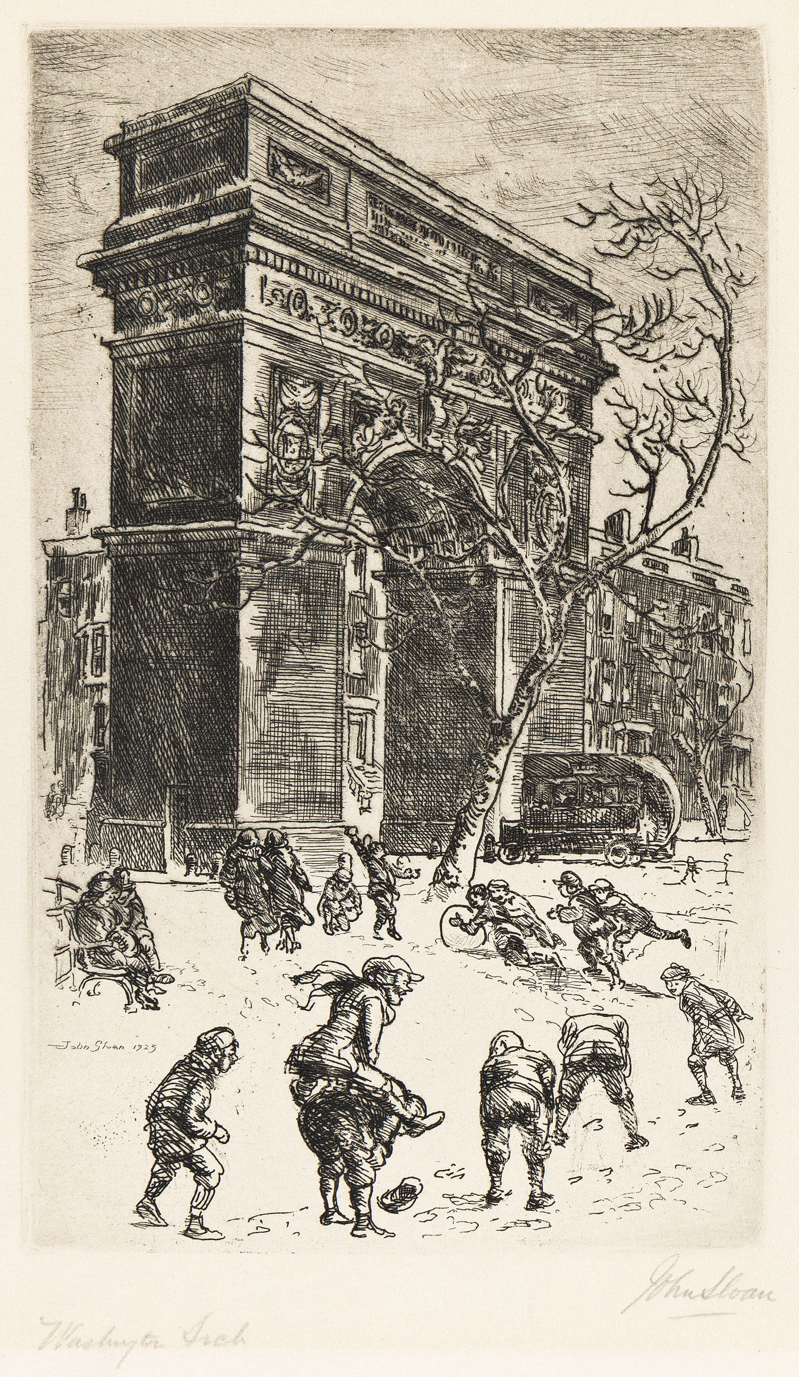 John Sloan, Washington Arch, etching, 1923.: John Sloan 1871-1951 Washington Arch. 1923. Etching Fifth state (of 5). Edition of 60 (from an intended edition of 100). Signed and titled in pencil, lower margin. 7 7/8 x 4 3/4 in. (20 x 12.1 cm.) wi
