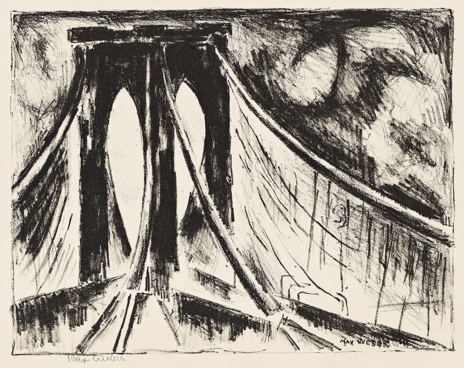 Max Weber, Brooklyn Bridge, lithograph, 1928.: Max Weber 1881-1961 Brooklyn Bridge. 1928. Lithograph Edition of 30. Signed in pencil, lower left. 6 5/8 x 8 1/2 in. (17 x 21.8 cm.) full margins Provenance: Notes: Rubenstein 70. Condition: Pleas