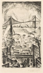 Adriaan Lubbers, Eastside with Manhattan Bridge, lithograph, 1929.