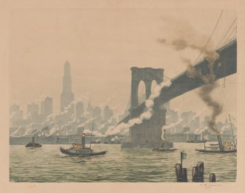 Tavík František Šimon, Under the Brooklyn Bridge, color etching with aquatint, 1927.