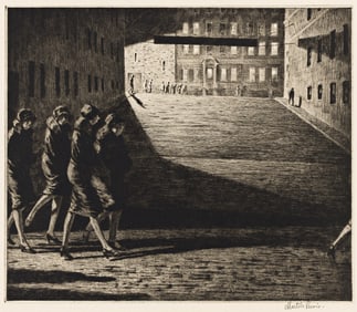 Martin Lewis, Shadows on the Ramp, drypoint and sandpaper ground, 1927.