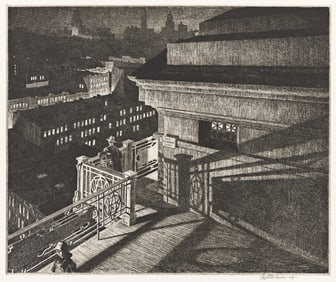 Martin Lewis, East Side, Williamsburg Bridge, drypoint, 1928.