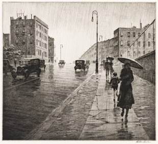 Martin Lewis, Rainy Day, Queens, drypoint, 1931.
