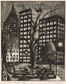 Ernest Fiene, City Lights (Madison Square Park, New York), etching and drypoint, 1932.