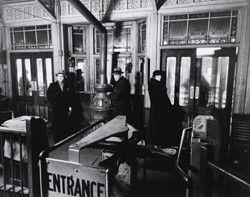 Berenice Abbott, EL station interior, 6th and 9th Avenue lines, Manhattan, silver print, 1936;