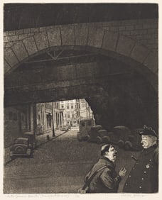 William Sharp, In the Spanish Quarter (Frankfort St. N.Y.C.), etching and aquatint, circa 1940.