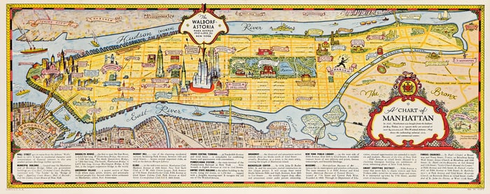 George Annand, The Waldorf Astoria / A Chart Of Manhattan, lithograph poster, 1936.