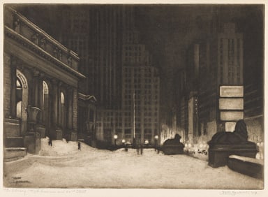 Edith Nankivell, The Library, Fifth Avenue and 42nd Street, aquatint, circa 1930s.