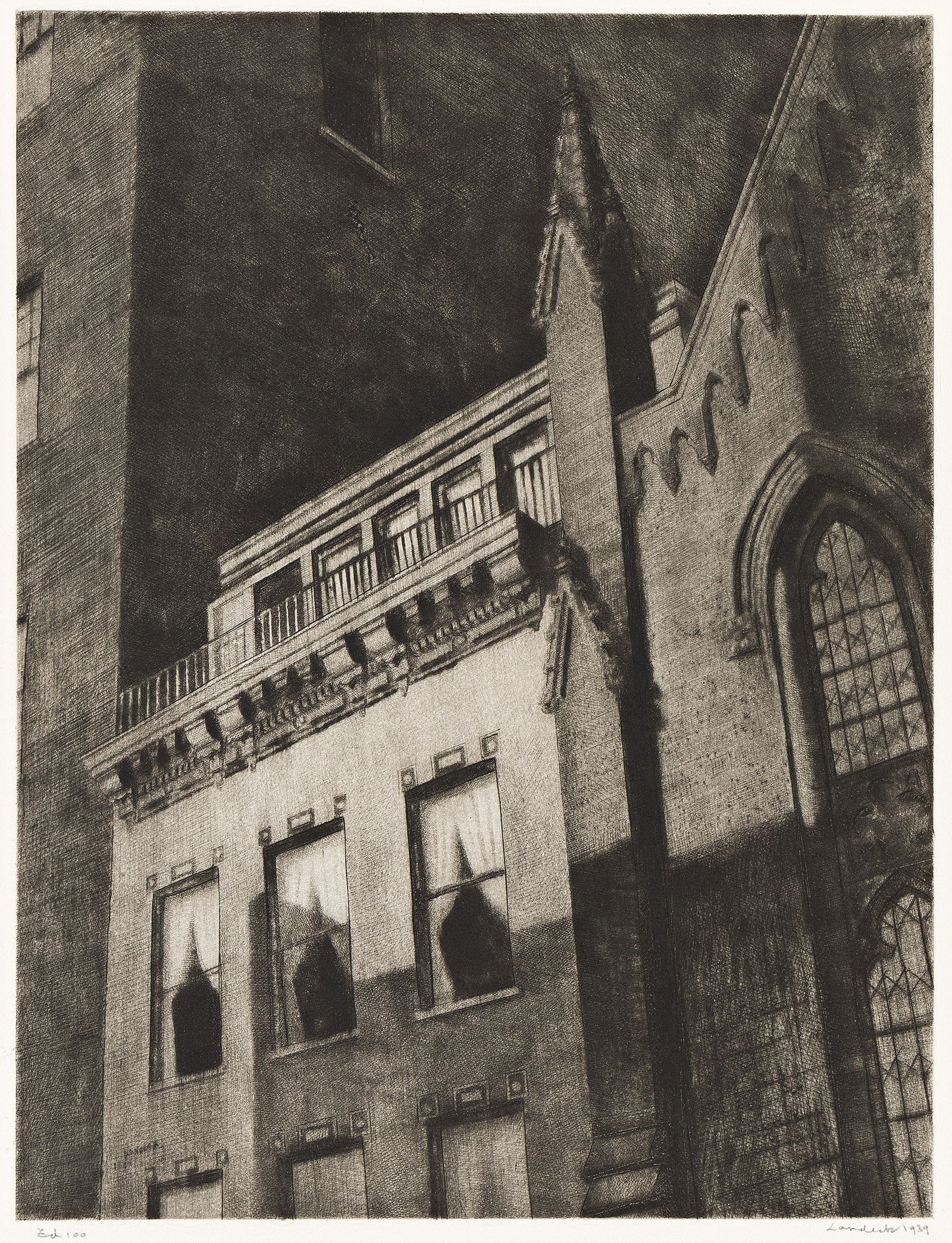 Armin Landeck, 11 West 11th Street, etching and drypoint, 1939.: Armin Landeck 1905-1984 11 West 11th Street. 1939. Etching and drypoint Edition of 100. Signed, dated and inscribed "Ed 100" in pencil, lower margin. 12 7/8 x 9 3/4 in. (32.7 x 24.8 cm.) wide margins