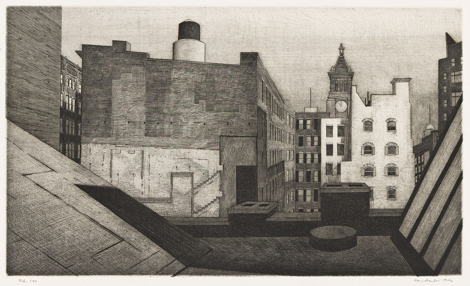 Armin Landeck, Rooftop, 14th Street, drypoint and engraving, 1946.: Armin Landeck 1905-1984 Rooftop, 14th Street. 1946. Drypoint and engraving Edition of 100. Signed, dated and inscribed "Ed. 100" in pencil, lower margin. 8 3/8 x 14 in. (21.3 x 35.6 cm.) full margins