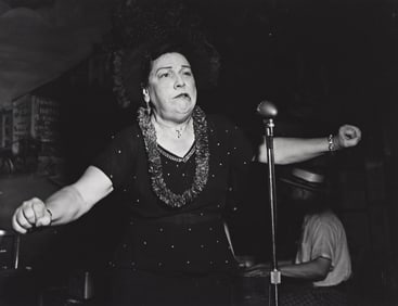 Weegee, Nightclub Singer (Tilly Schneider) at Sammy's Bowery Follies, New York, silver print,
