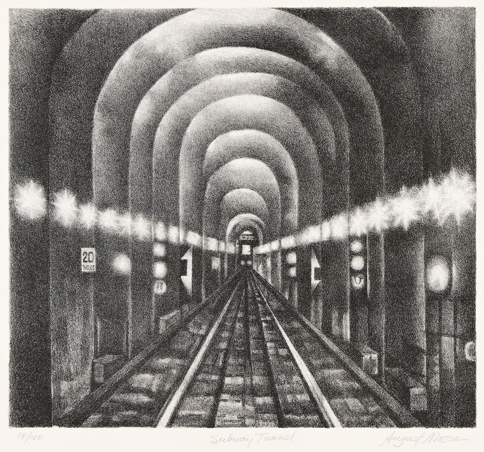 August Mosca, Subway Tunnel, lithograph, circa 1947.: August Mosca 1909-2003 Subway Tunnel. Circa 1947. Lithograph Signed, titled and numbered 14/100 in pencil, lower margin. 9 7/8 x 11 in. (25.1 x 27.9 cm.) full margins Condition: Please contact the Spe