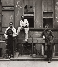 Walter Rosenblum, Three Men, 105th Street, NY, silver print, 1952.