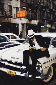 Ernst Haas, Man sitting on car reading, chromogenic print, 1952; printed 2025.