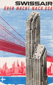 Henri Ott, Swissair Über Nacht Nach USA, offset lithograph poster, circa 1950s.