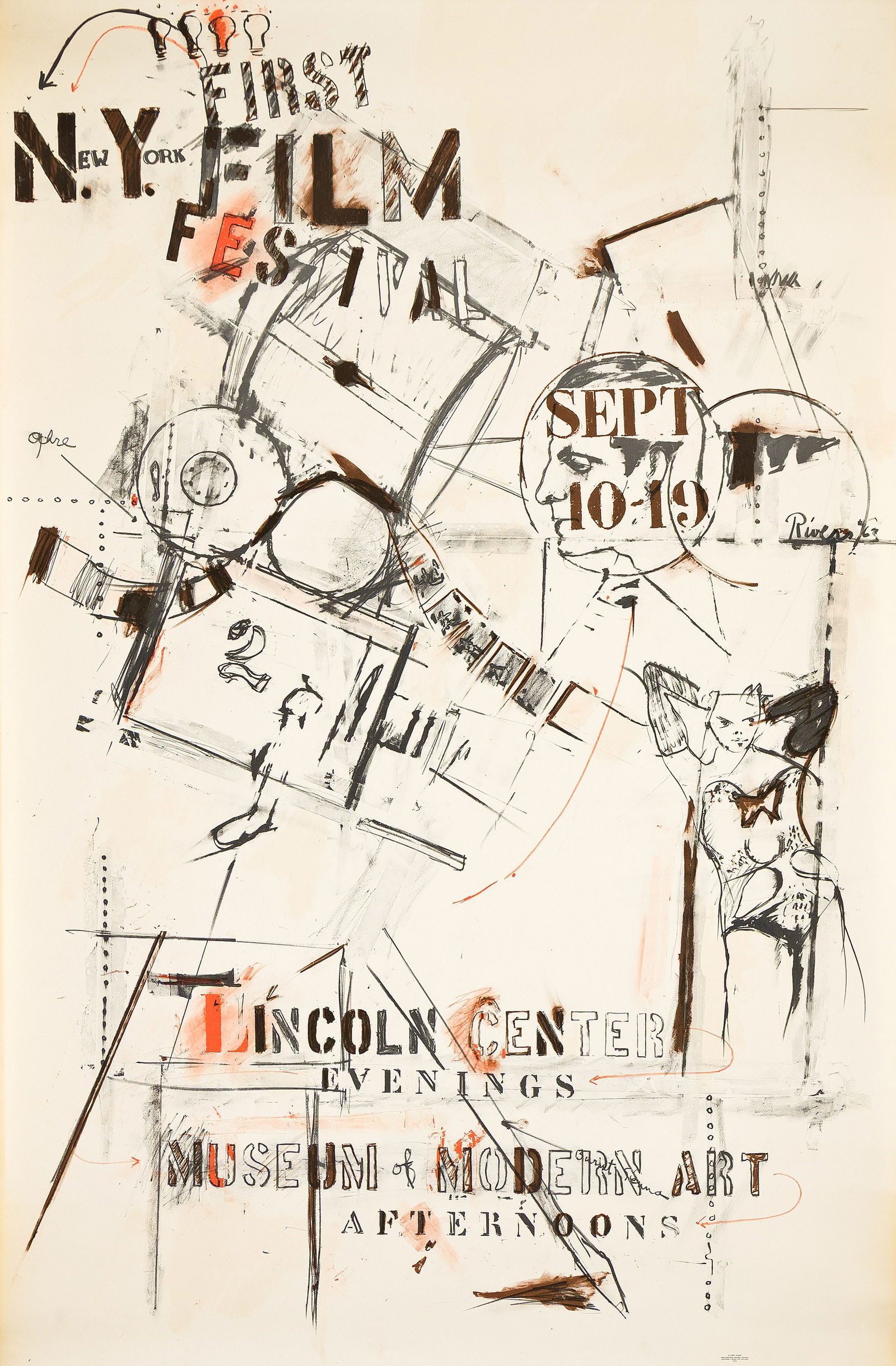 Larry Rivers, First New York Film Festival, offset lithograph poster, 1963.: Larry Rivers 1923-2002 First New York Film Festival. 1963. Offset lithograph poster 46 1/4 x 30 1/4 in. (117.5 x 76.8 cm.) Condition: Please contact the Specialist for the auction to request a conditi