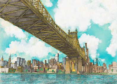 Albert Lorenz, 59th St Bridge with New York Skyline, mixed media, circa 1985.